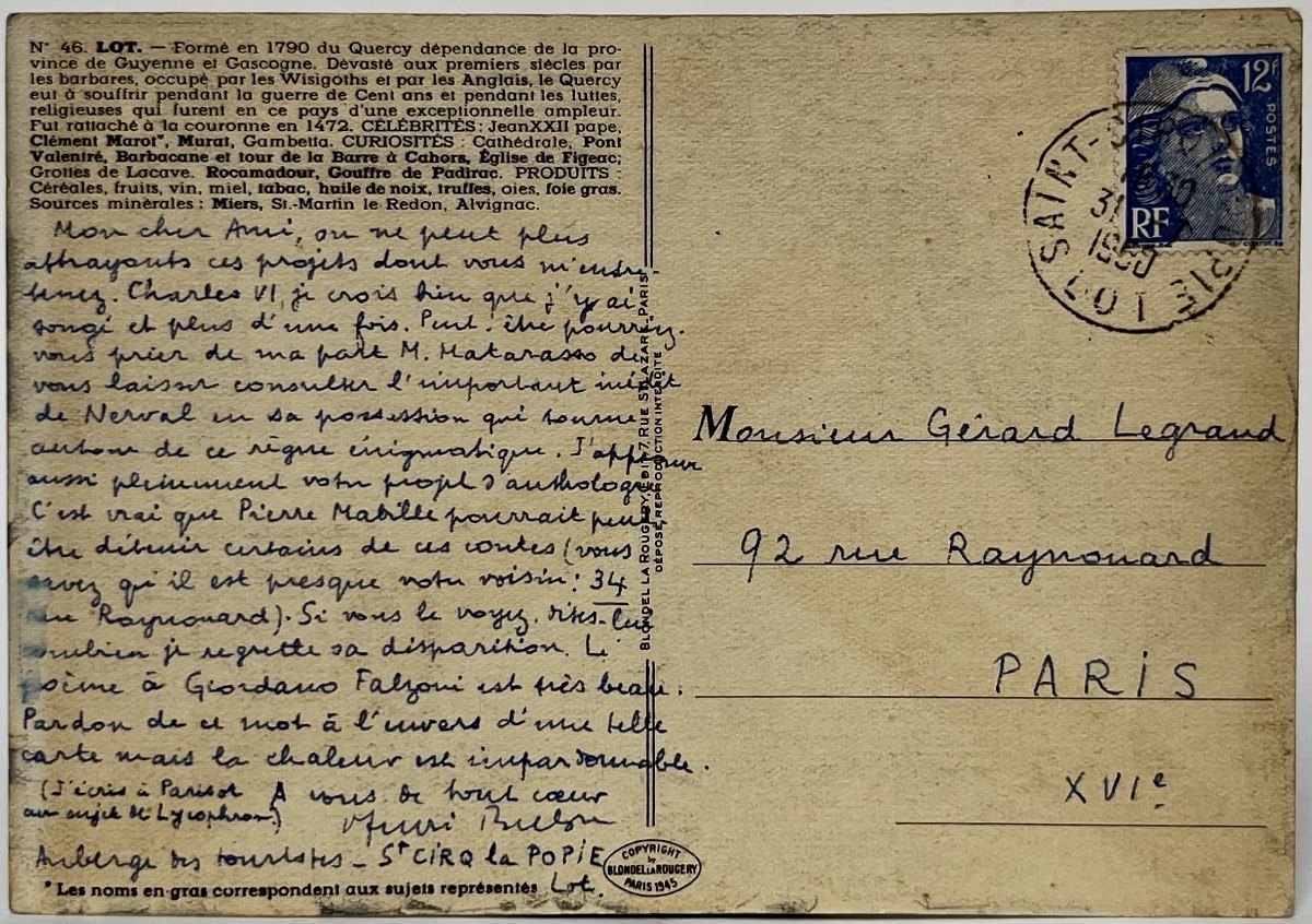 André Breton - Autographed Postcard Addressed To Gérard Legrand - St-cirq-lapopie, July 1950-photo-3