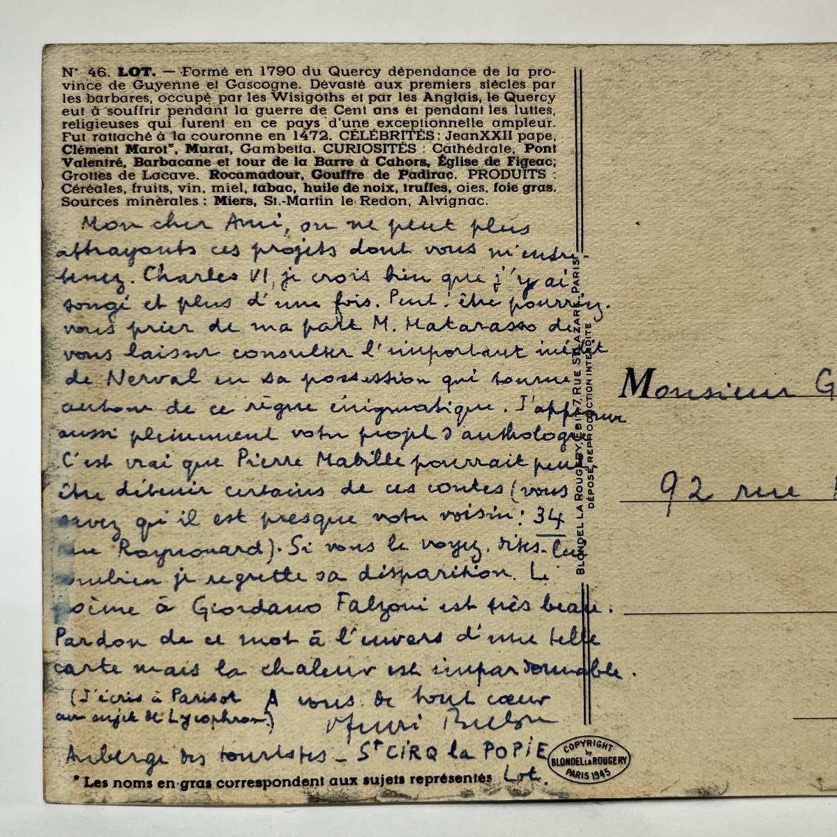 André Breton - Autographed Postcard Addressed To Gérard Legrand - St-cirq-lapopie, July 1950-photo-4