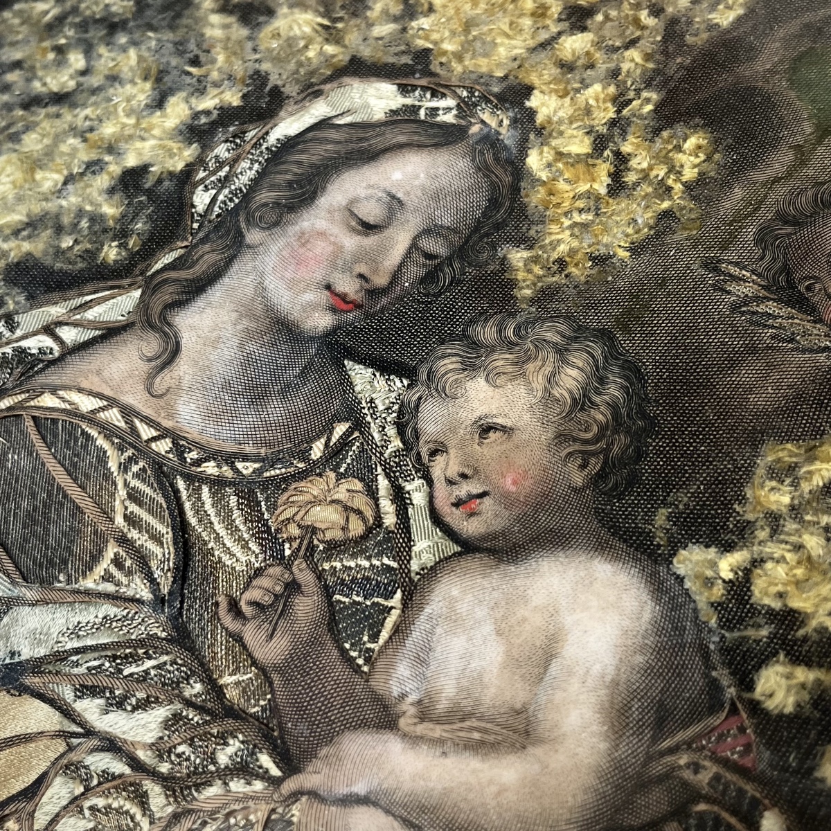 18th-century Mounted Engraving - The Infant Jesus In The Arms Of The Blessed Virgin - 18th Century