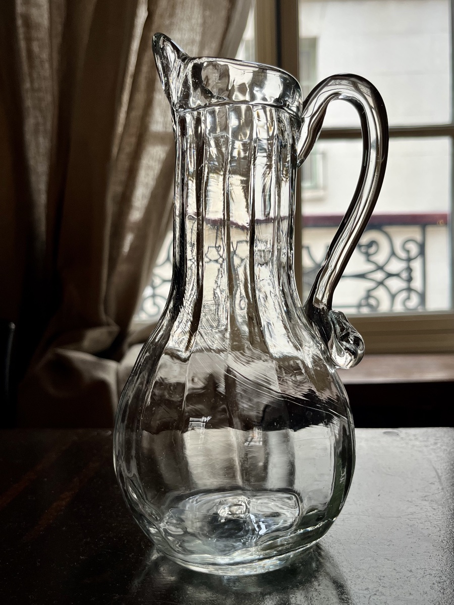 Paire de pichets normands à côtes en verre soufflé du XIXe siècle art populaire 19e-photo-3