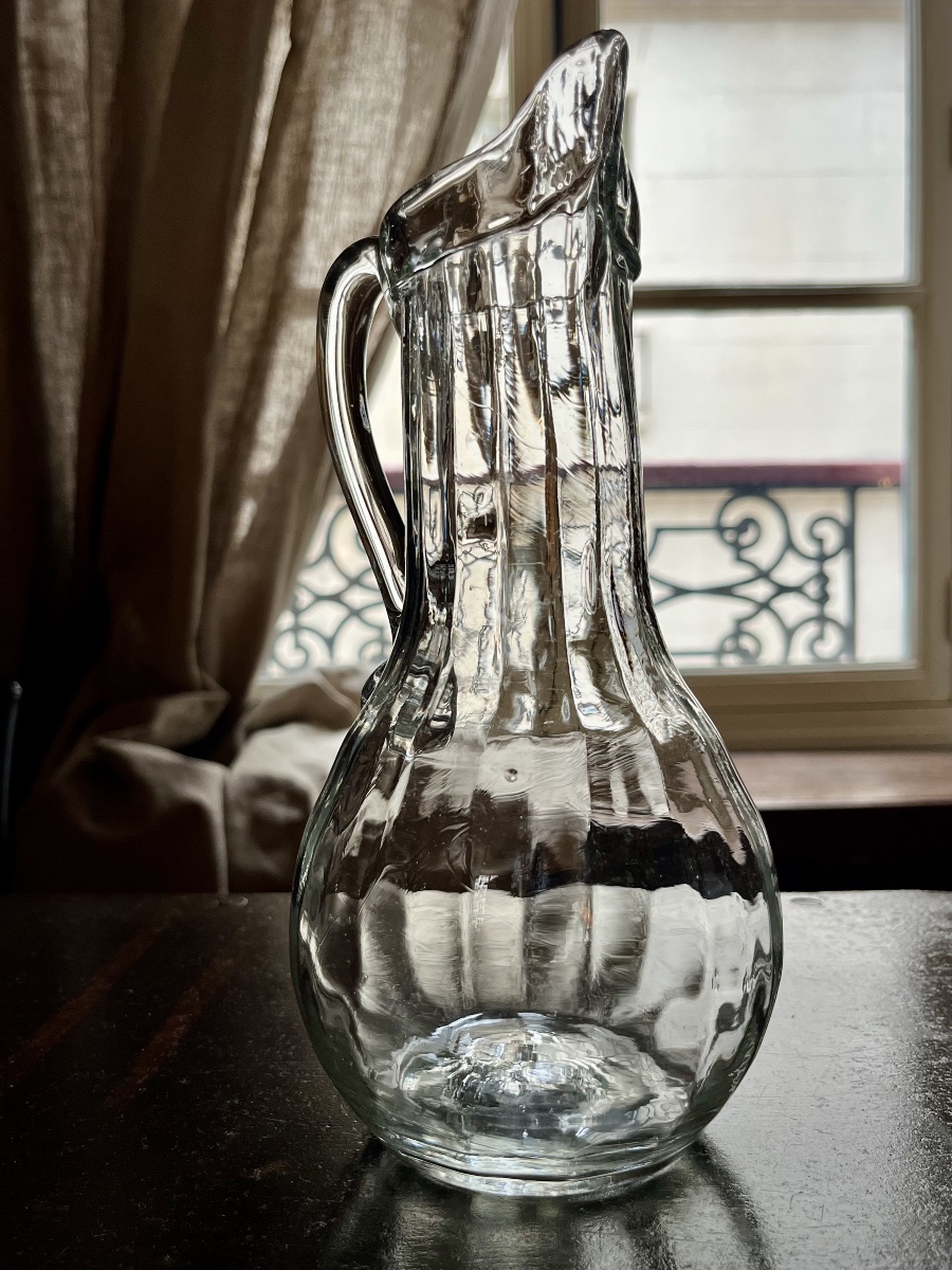 Paire de pichets normands à côtes en verre soufflé du XIXe siècle art populaire 19e-photo-2