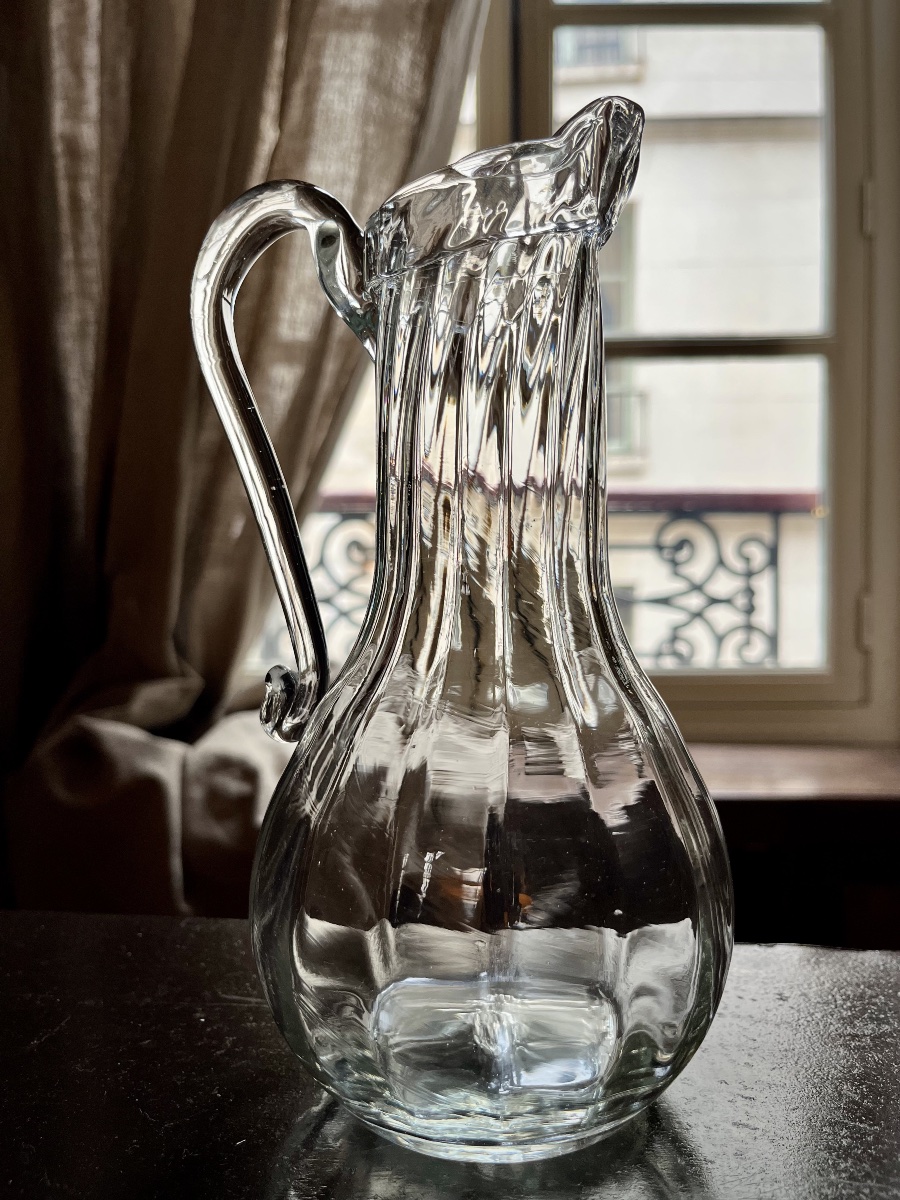Paire de pichets normands à côtes en verre soufflé du XIXe siècle art populaire 19e-photo-8