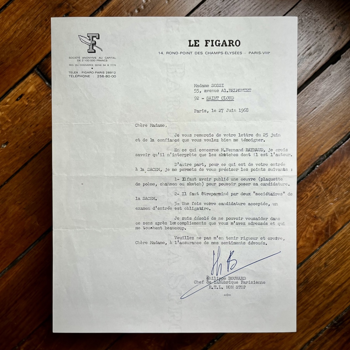 Philippe Bouvard - Signed Letter On *le Figaro* Letterhead - June 27, 1968 - Rtl