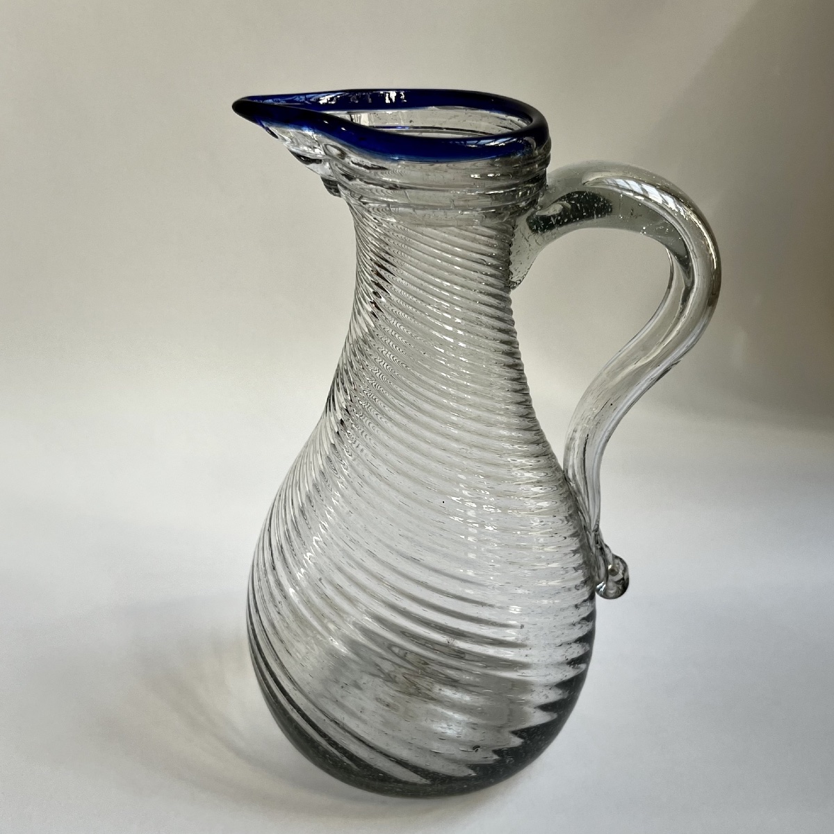 Norman Blown-glass Pitcher With Twisted Ribs And A Blue Band—18th-century Folk Art