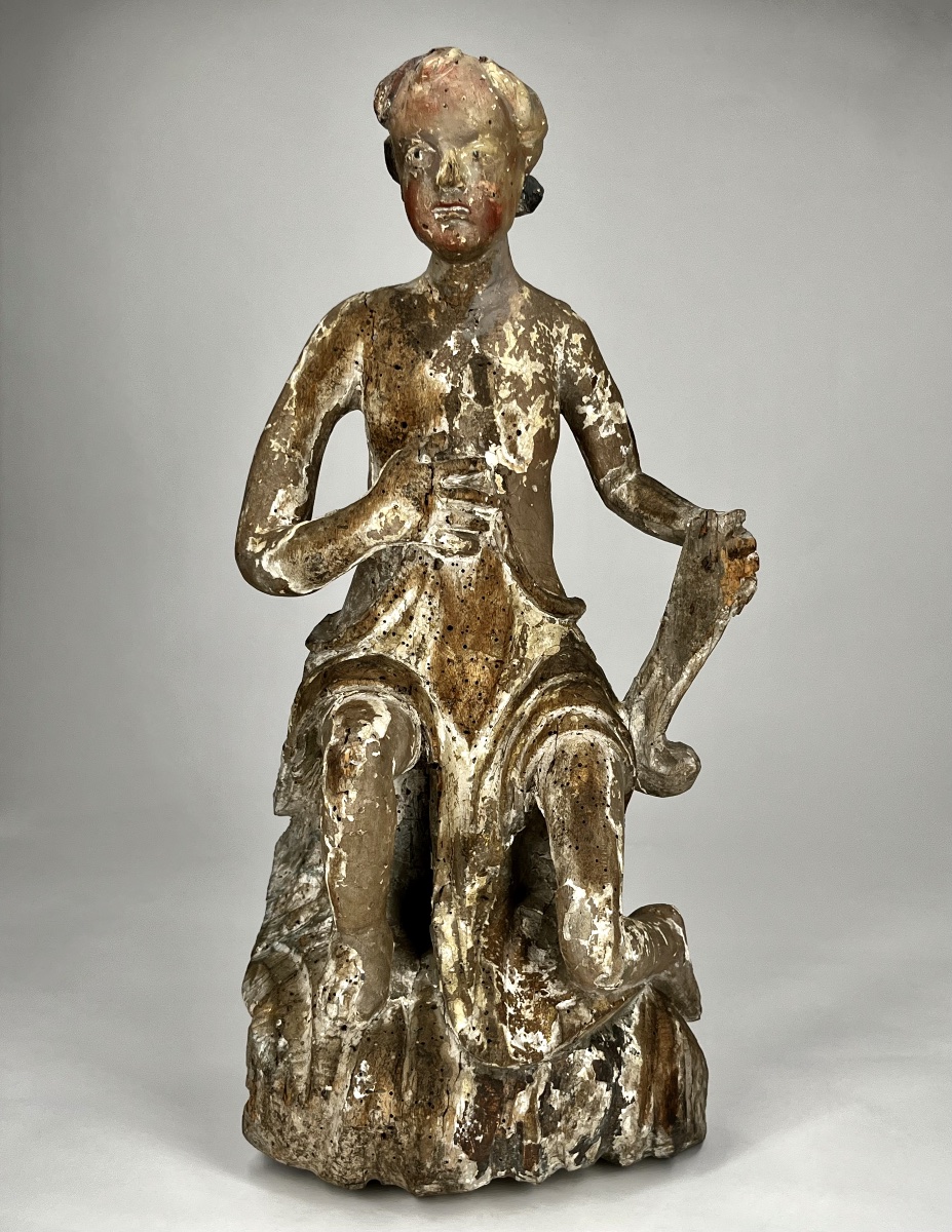 Figure juvénile en bois sculpté polychrome et doré – XVIIe siècle ange Haute Époque 17e -photo-4