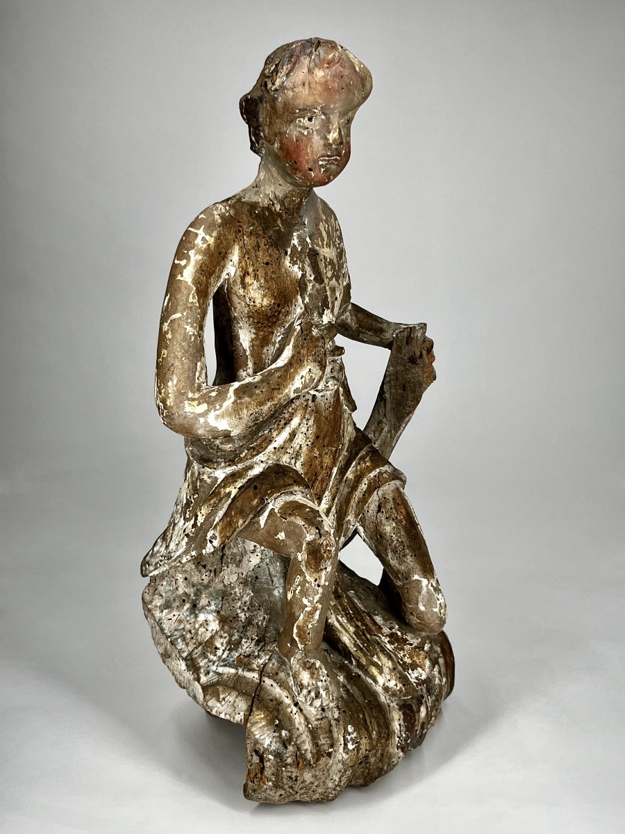 Figure juvénile en bois sculpté polychrome et doré – XVIIe siècle ange Haute Époque 17e -photo-1