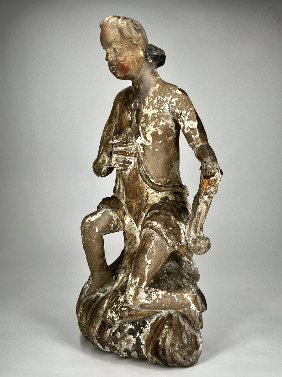 Figure juvénile en bois sculpté polychrome et doré – XVIIe siècle ange Haute Époque 17e -photo-2