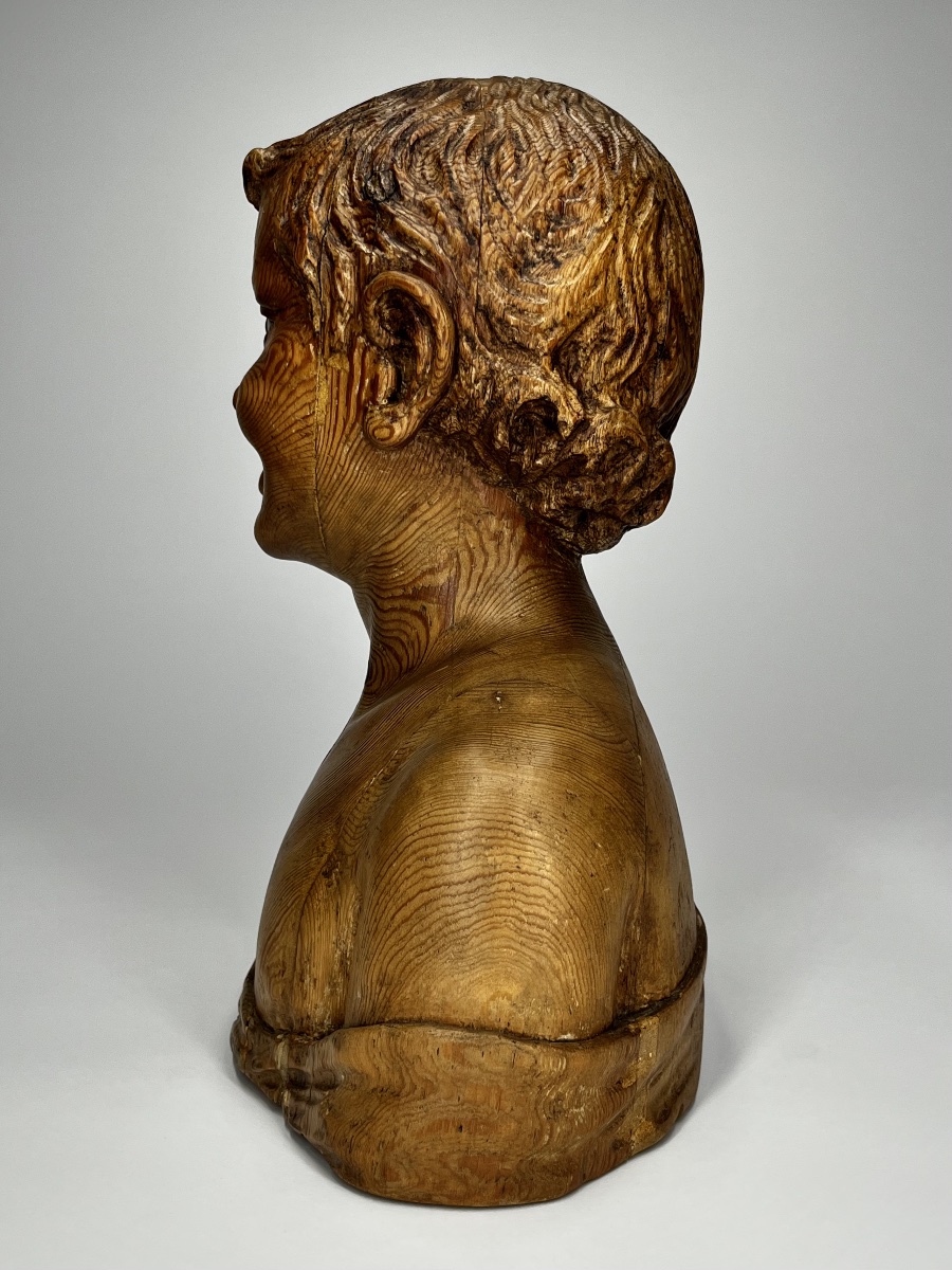 Buste de l'Enfant rieur en bois sculpté d'après Desiderio da Settignano, fin du XIXe siècle 19e-photo-4