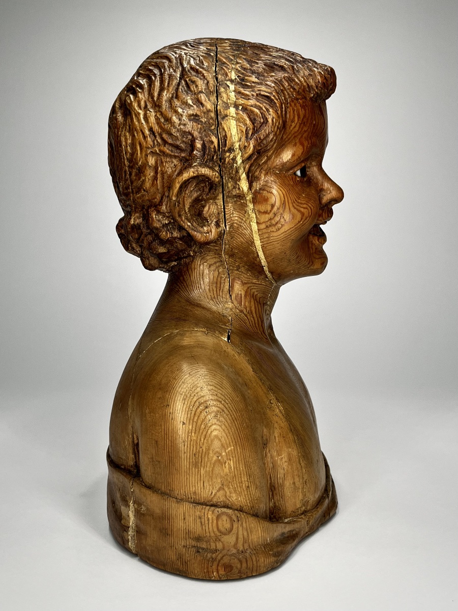 Buste de l'Enfant rieur en bois sculpté d'après Desiderio da Settignano, fin du XIXe siècle 19e-photo-2