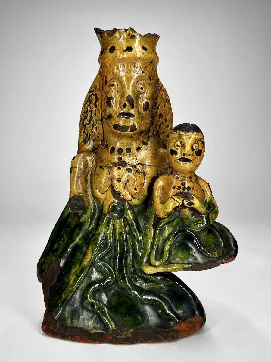Virgin And Child In Majesty - Glazed Earthenware Statuette And Candlestick, 18th- And 19th-century Folk Art-photo-7