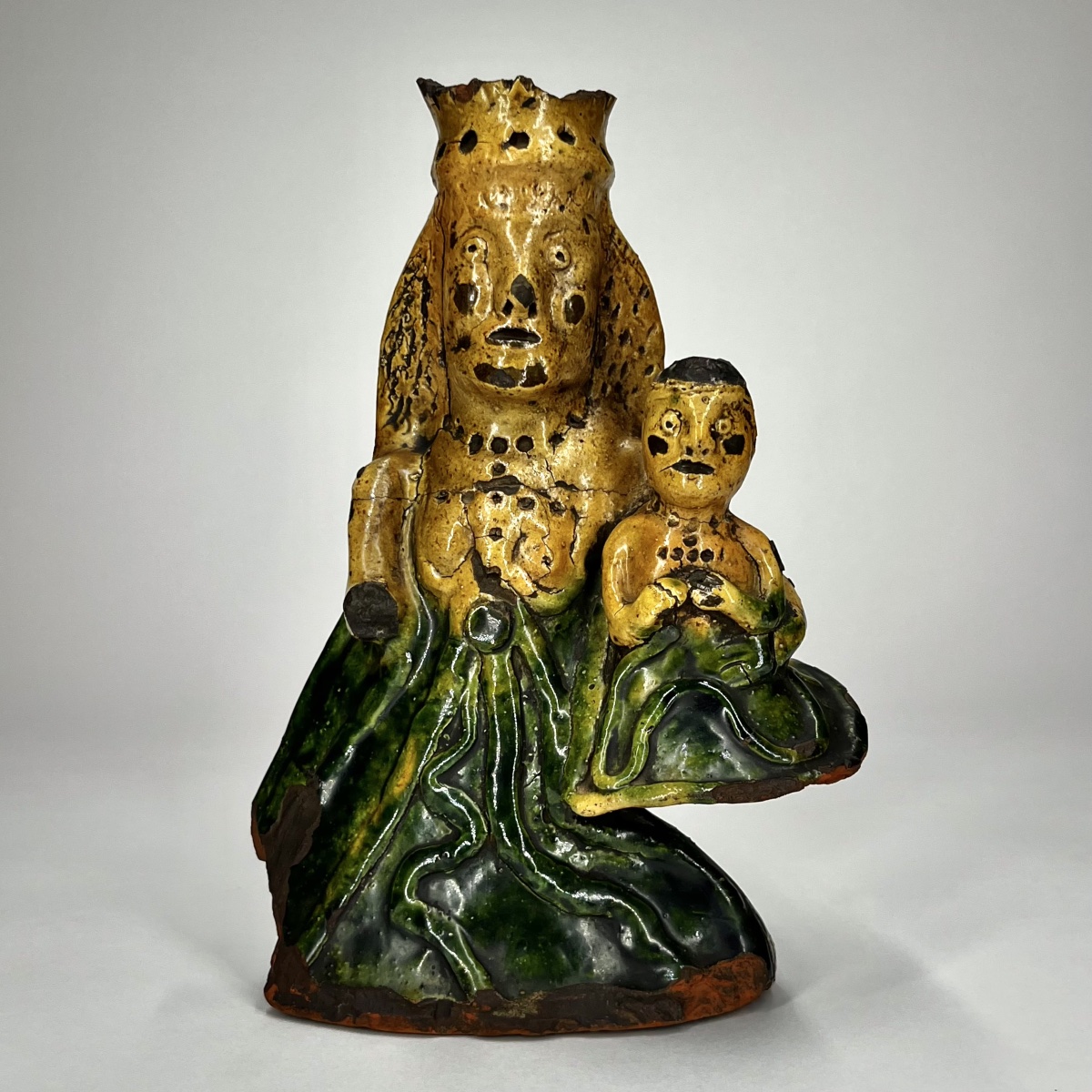 Virgin And Child In Majesty - Glazed Earthenware Statuette And Candlestick, 18th- And 19th-century Folk Art