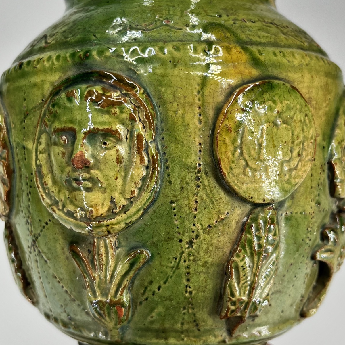 Green-glazed Earthenware Covered Pot, Pré-d'auge Or La-chapelle-aux-pots, 17th Century-photo-2