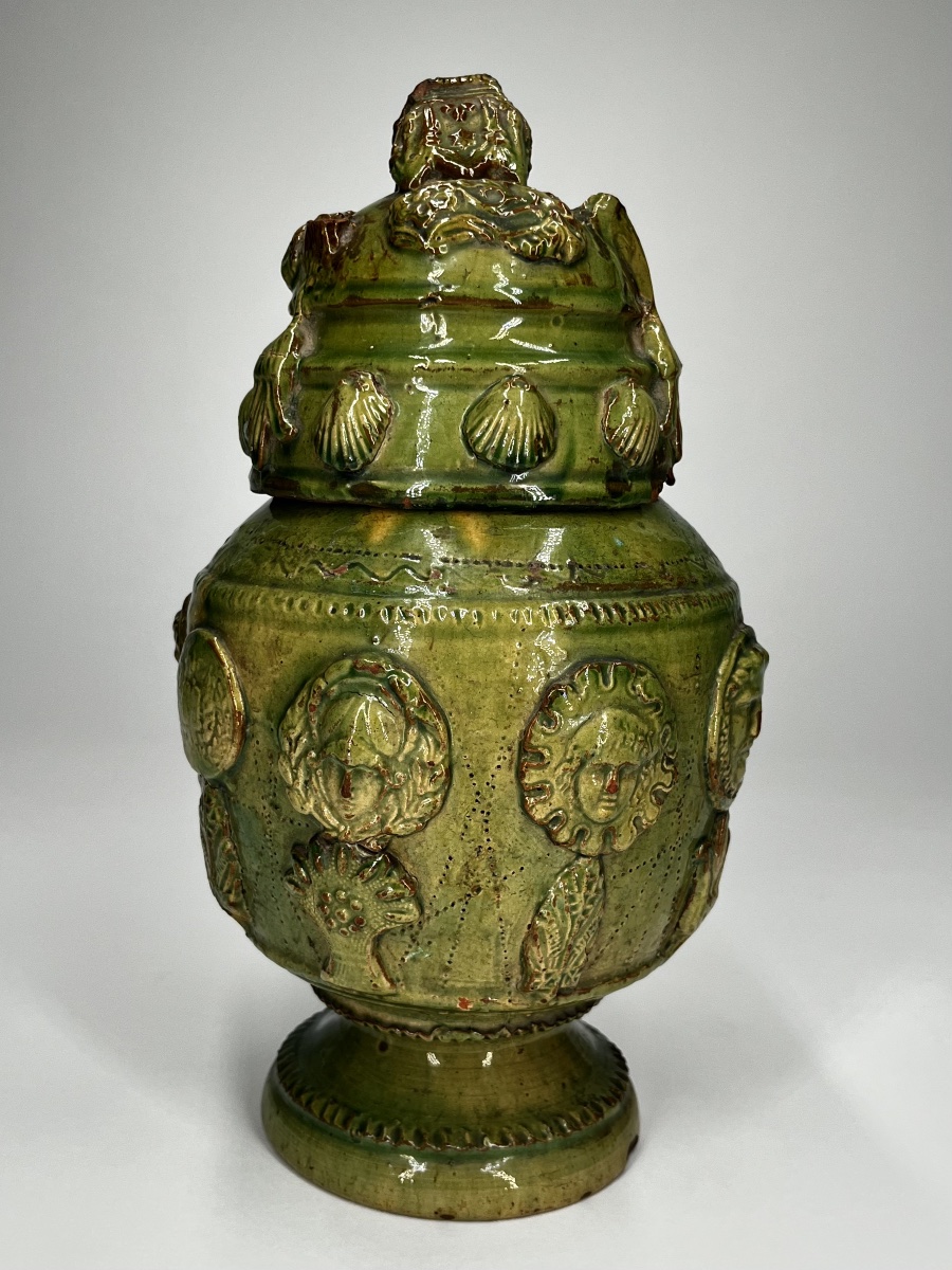 Green-glazed Earthenware Covered Pot, Pré-d'auge Or La-chapelle-aux-pots, 17th Century-photo-3