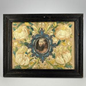 Ex Voto, Figure Of Saint In An Embroidery Surround From The 18th Century, Old Frame