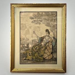 Dame de qualité prenant le frais sur le gazon, gravure habillée XVIIIe tissu 18e siècle 