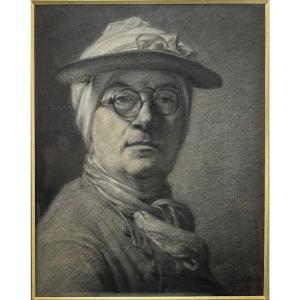 Self-portrait With Glasses After Chardin, Large Framed Charcoal Drawing, Signed Gay Vullen (?)