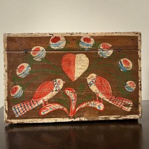 Boîte coffre à compartiments en bois peint d'oiseaux & de coeur XIXe art populaire normand 19e