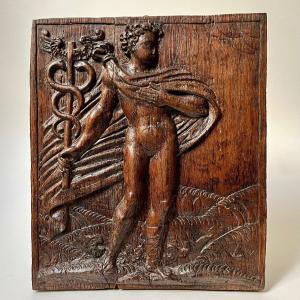 Hermes With Caduceus, Carved Wooden Bas-relief Late 18th Or Early 19th Century Medicine Pharmacy