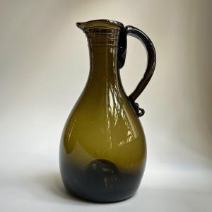 Large Blown Glass Pitcher With Brown-green Tinted Threads From The 18th Century, 18th Century Jug