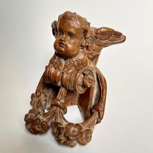 Small Corner Wall Console In Wood Carved With A Putto 18th Century 18th