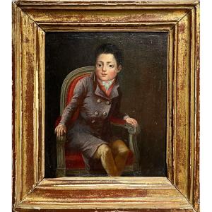 Portrait d'un garçon dans un fauteuil, huile sur panneau du XIXe siècle enfant 19e