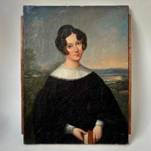 Portrait de femme au livre, école romantique vers 1830 - 1840, huile sur toile XIXe siècle