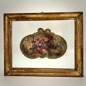 Feuille d'éventail XVIIIe siècle scène galante gouache et sequins 18e cadre en bois doré 