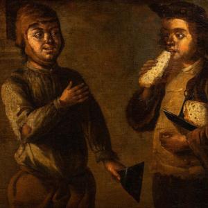 Tableau Le glouton et le miséreux, huile sur toile école italienne XVIIIe 18e