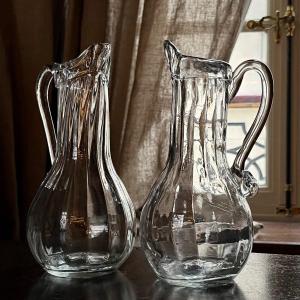 Pair Of Norman Ribbed Pitchers In Blown Glass From The 19th Century Popular Art 19th 