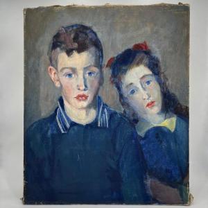 Portrait Of Children Brother And Sister, Oil On Canvas From 1936 By Nicolaas Pieneman (1880 - 1938)