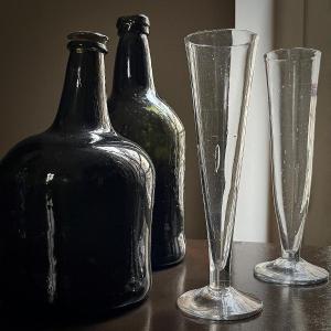 Two Blown Glass Champagne Flutes From The 18th Century, So-called "impossible" Model, 18th Century