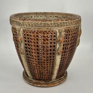 Waste Paper Basket Or Pot Cover In Wood And Canework From The 19th Century Crystal Staircase 19th Century Trash Can
