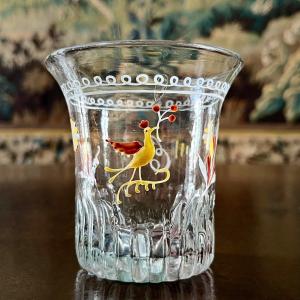 Norman Blown Glass Goblet With Enameled Decoration Of A Rooster And Flowers Normandy Early 19th Century