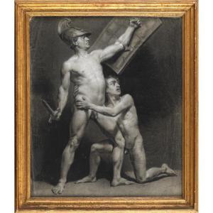 Les combattants,  étude de nus à l'antique, dessin au fusain, école néoclassique XIXe siècle 