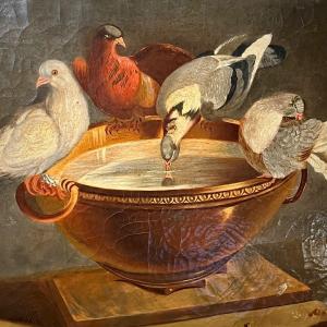 Mosaic Of Doves, 19th Century Oil On Canvas After The Work Discovered In Rome In The 18th Century