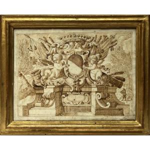 Dessin XVIIe à la plume - Monument aux armes de la famille Capponi - Florence Italie 17e siècle