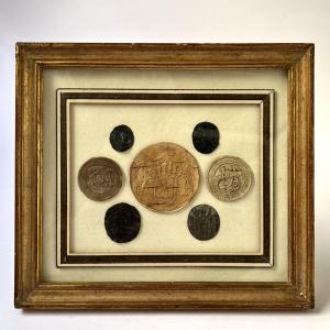 Composition With Seven Old Wax Seals From The 18th And 19th Centuries In A Gilded Wooden Frame