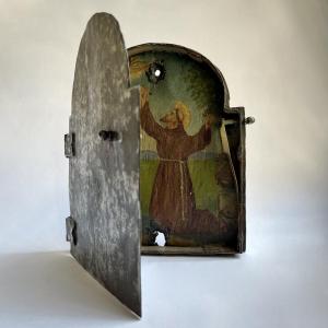 Autel portatif en fer forgé XVIIe - XVIIIe Saint François d'Assises art populaire dévotion 17e 