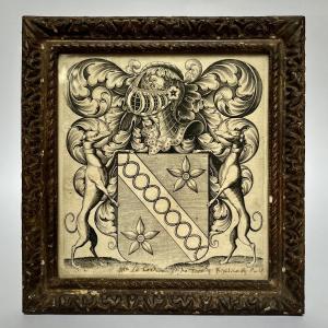 Ex-libris de Nicolas VI Le Cordier seigneur du Tronc cadre en bois sculpté du XVIIe siècle 17e