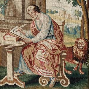 Saint Marc écrivant l'Évangile et son lion, fragment de tapisserie au petit point XVIIIe - XIXe