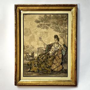Gravure habillée XVIIIe - Dame de qualité prenant le frais sur le gazon, tissu ancien 18e 