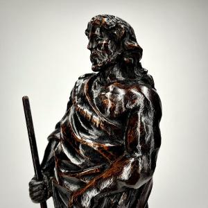 Saint John The Baptist And His Lamb – Blackened Wood Sculpture, 17th-18th Century