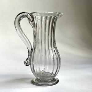 Norman Ribbed Blown Glass Pitcher, 18th Century, Normandy Jug, Folk Art 18th Century