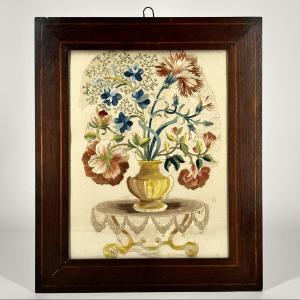 Broderie florale au point lancé multicolore du XIXe siècle textile ancien 19e