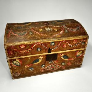 Norman Ochre Painted Wooden Wedding Trunk - Folk Art 19th Century Painted Trunk 19th Century