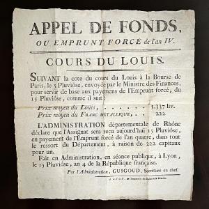 Appel De Fonds Ou Emprunt Forcé De l'An Iv, Cours Du Louis - Placard XVIIIe Siècle 1795 Rhône