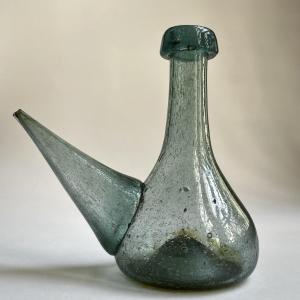19th Century Green-tinted Blown Glass Porron - Southern France Or Spain