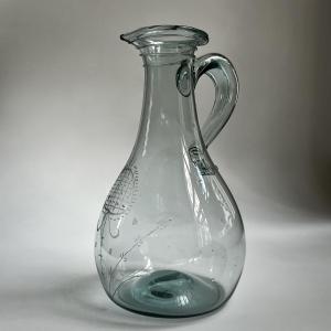 Glass Fern-shaped Pitcher With Engraved Decoration And A Fluted Neck, Late 18th Century, 18th-century Folk Art