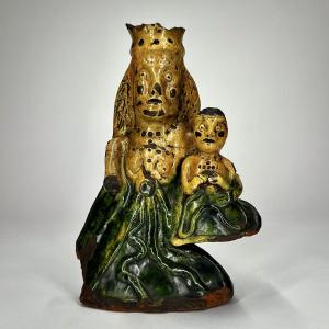 Virgin And Child In Majesty - Glazed Earthenware Statuette And Candlestick, 18th- And 19th-century Folk Art