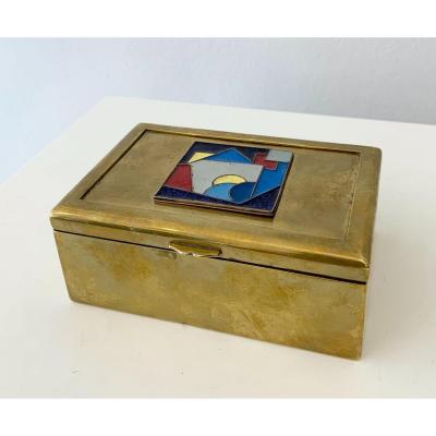 Small Jewelry Box In Brass, Ceramic And Wood - 1950s